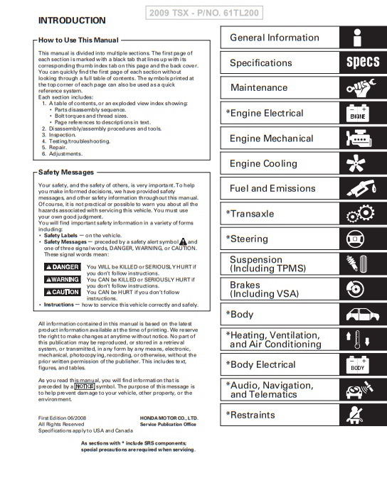 ✓ 2009 ACURA TSX HONDA Accord Service Manual